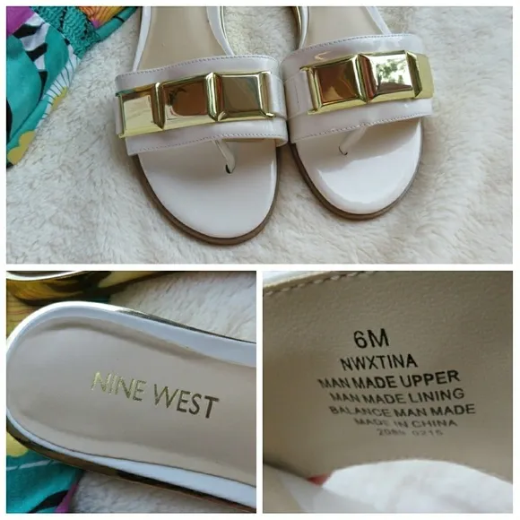 Nine West Gold Bar Jeweled White Thong Slide Slip On Sandals Wedding Vacation