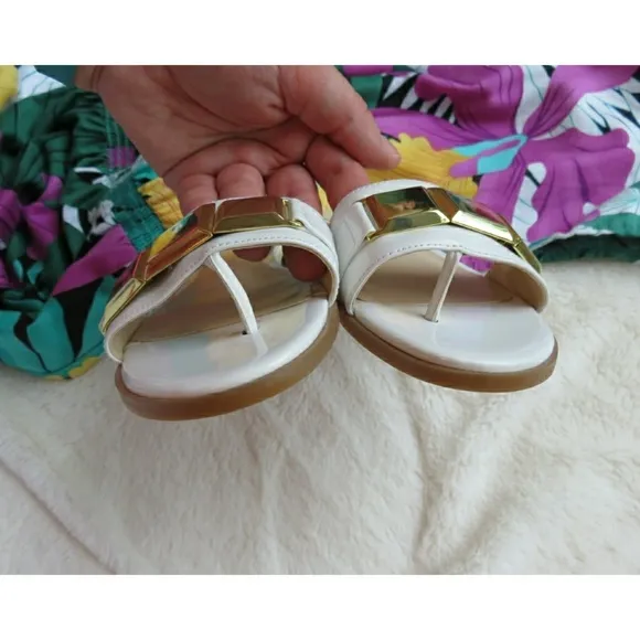 Nine West Gold Bar Jeweled White Thong Slide Slip On Sandals Wedding Vacation