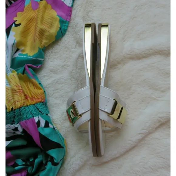 Nine West Gold Bar Jeweled White Thong Slide Slip On Sandals Wedding Vacation