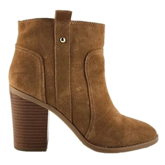 Nine West Hoffleno Tan Suede Pull On Ankle Boots Round Toe Stacked Heel Sz 8.5M