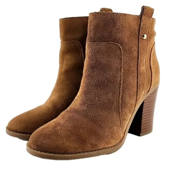 Nine West Hoffleno Tan Suede Pull On Ankle Boots Round Toe Stacked Heel Sz 8.5M