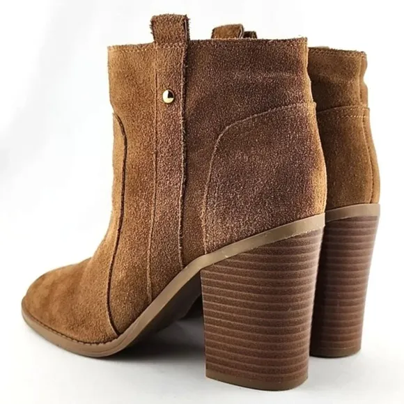 Nine West Hoffleno Tan Suede Pull On Ankle Boots Round Toe Stacked Heel Sz 8.5M