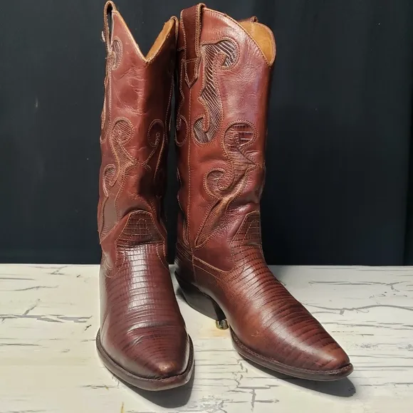 Nine West 'Romnee' Lizard Print Cowgirl Boots in Cognac - 3 Youth/ Women's 5