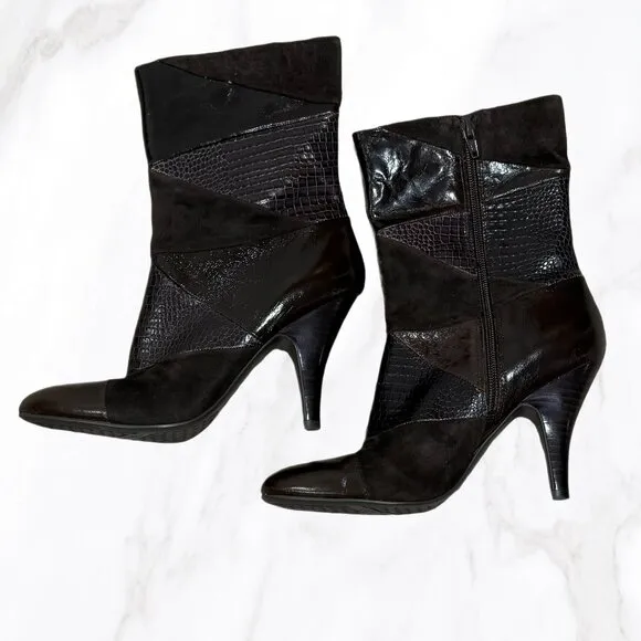 Nine West Women's Brown Leather Patchwork Heeled Calf Booties,‎ Size 7.5