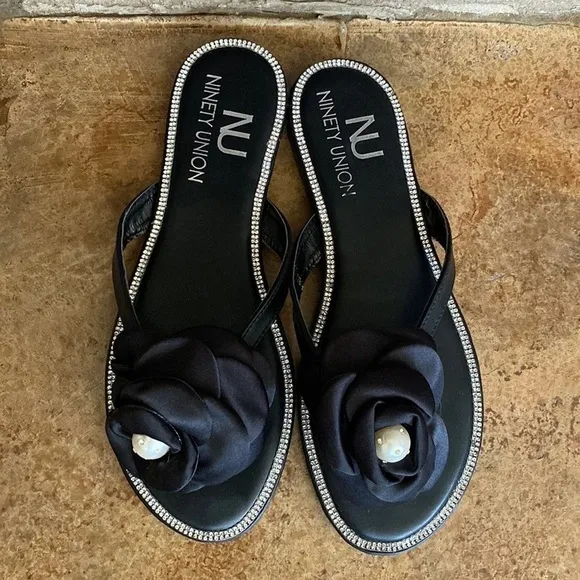 Ninety Union black, satin, crystal, and pearl flower thong sandals