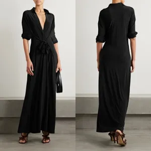 Norma Kamali Tie Front Stretch Jersey Maxi Shirt Dress In Black Size Medium