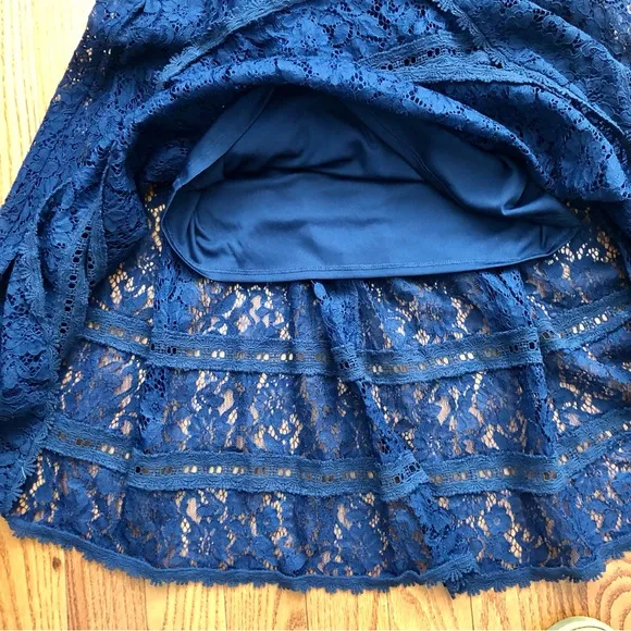 NSR Nordstrom V-Neck Lace Stretch Midi Navy Blue Dress Women’s Size M NWT