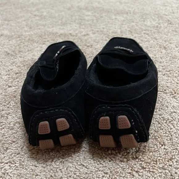 NWOB! Cole Haan SZ 8C black faux fur lined buckle front suede loafers.