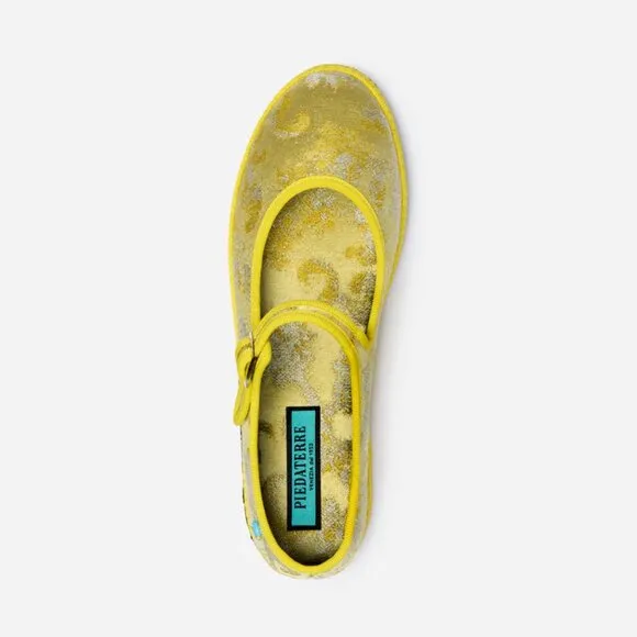 NWOB Piedaterre Venezia handmade Limone yellow jacquard Rubelli mary jane flats