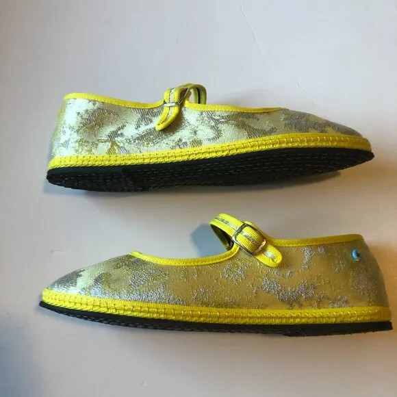NWOB Piedaterre Venezia handmade Limone yellow jacquard Rubelli mary jane flats
