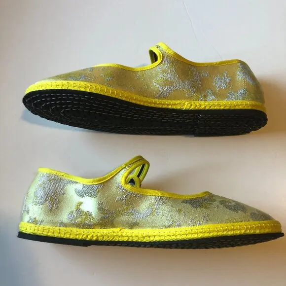 NWOB Piedaterre Venezia handmade Limone yellow jacquard Rubelli mary jane flats