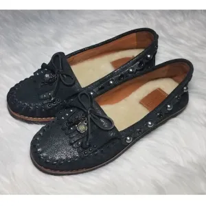 NWOB|Coach Black Leather &amp; Fur Rexy Roccasin Moccasin Shoes, 5