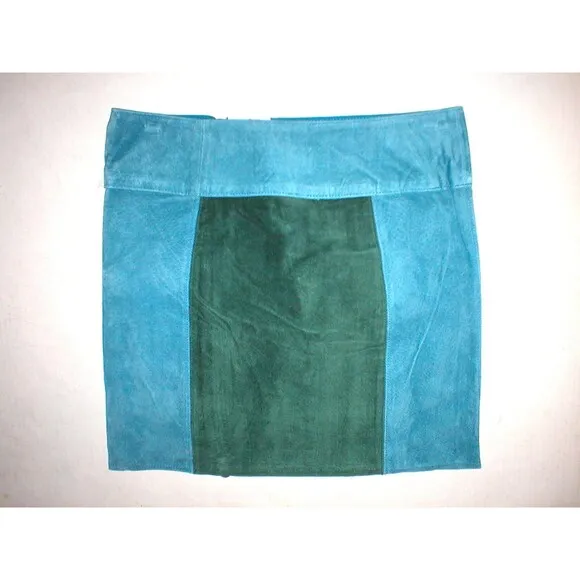 NWT $428 New Womens PJK Color Block Leather Suede Mini Skirt S Green Blue Gray
