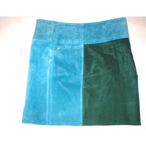 NWT $428 New Womens PJK Color Block Leather Suede Mini Skirt S Green Blue Gray