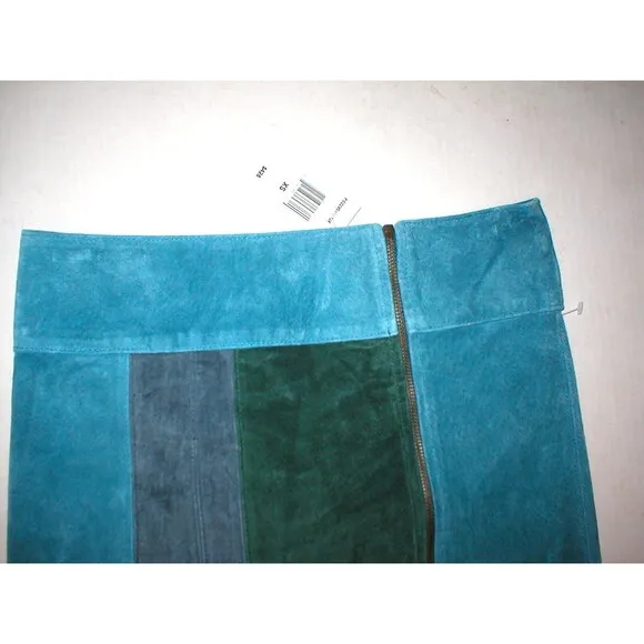 NWT $428 New Womens PJK Color Block Leather Suede Mini Skirt S Green Blue Gray