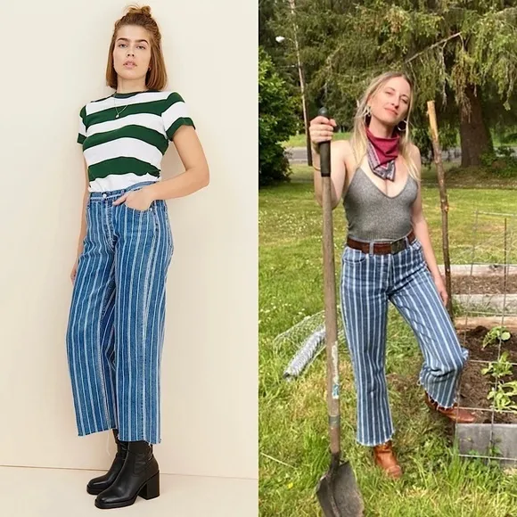 NWT BOYISH 90s Striped Denim High Rise Straight Leg Ankle Crop Raw Hem Jeans 27