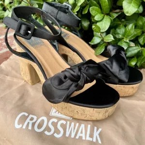 NWT Crosswalk Fauver Cork Wedge Heels Black Satin Bow Block Sandals Size 39 8.5