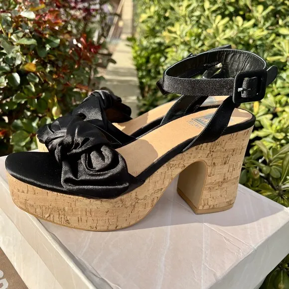 NWT Crosswalk Fauver Cork Wedge Heels Black Satin Bow Block Sandals Size 39 8.5