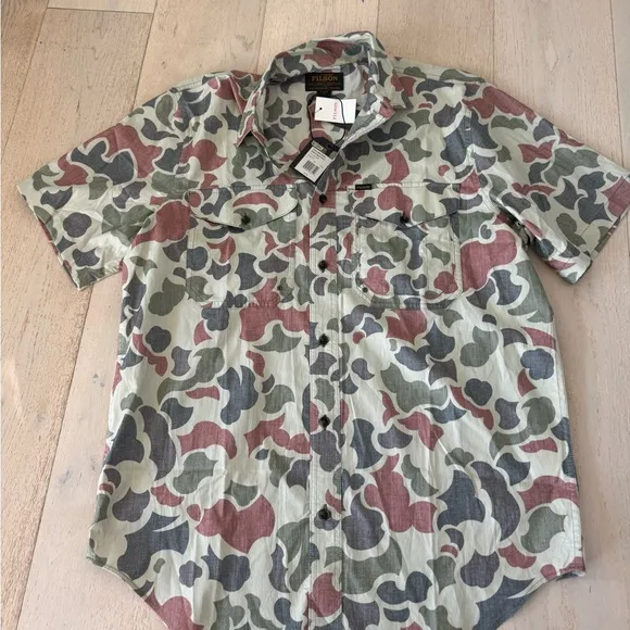 NWT FILSON  Twin Lakes Sport Shirt L Camo Shrub Beige Gray Pale SS