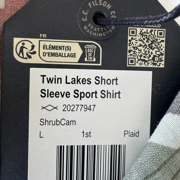 NWT FILSON  Twin Lakes Sport Shirt L Camo Shrub Beige Gray Pale SS