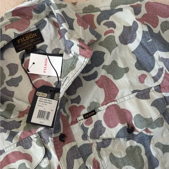 NWT FILSON  Twin Lakes Sport Shirt L Camo Shrub Beige Gray Pale SS