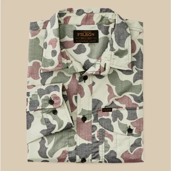 NWT FILSON  Twin Lakes Sport Shirt L Camo Shrub Beige Gray Pale SS