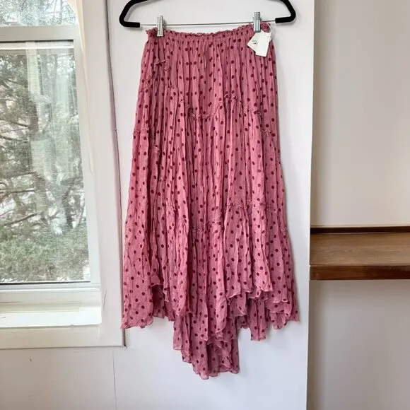 NWT Free People FP One Ember Printed Midi Skirt Flowy Pink Polka Dot