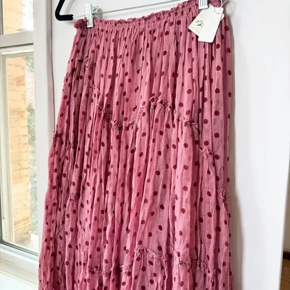 NWT Free People FP One Ember Printed Midi Skirt Flowy Pink Polka Dot