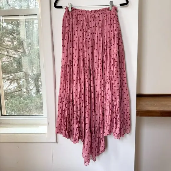NWT Free People FP One Ember Printed Midi Skirt Flowy Pink Polka Dot