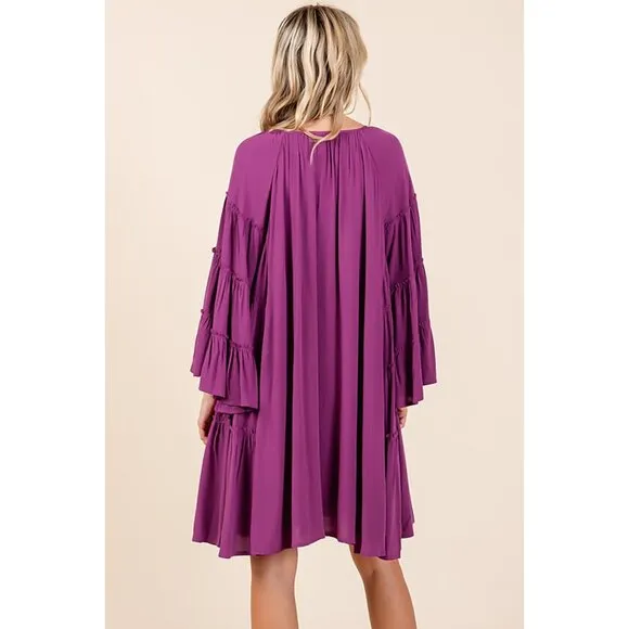 NWT Frill Tie Neck Long Bell Sleeve Tiered Mini Dress, Empire Waist, Fully Lined
