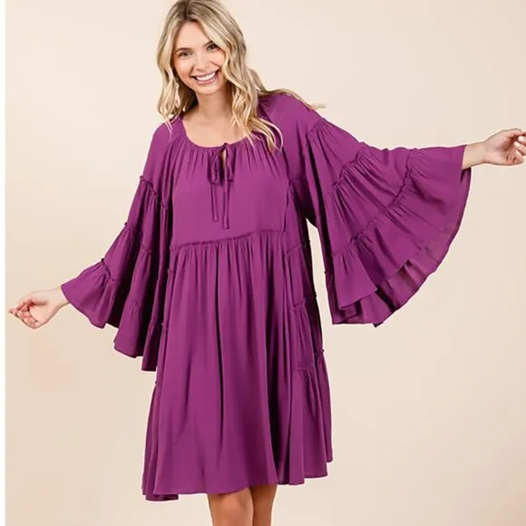 NWT Frill Tie Neck Long Bell Sleeve Tiered Mini Dress, Empire Waist, Fully Lined