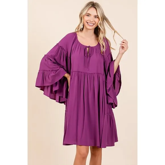 NWT Frill Tie Neck Long Bell Sleeve Tiered Mini Dress, Empire Waist, Fully Lined