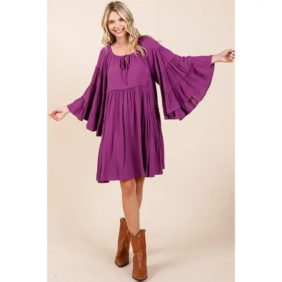 NWT Frill Tie Neck Long Bell Sleeve Tiered Mini Dress, Empire Waist, Fully Lined