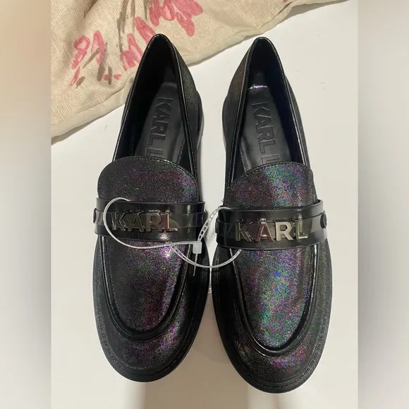 NWT Karl Lagerfeld Leather Upper Randall multi &amp; black Almond Toe Loafers 6