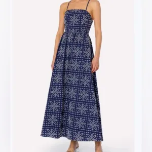 NWT Milly ESME Embroidered Cotton Eyelet maxi Dress in chic navy/white stitching
