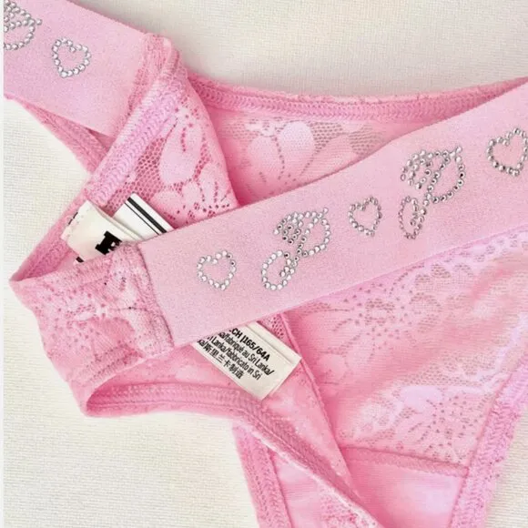 NWT NEW VICTORIA'S SECRET PINK WINK LACE BALCONETTE PUSH UP BRA 30C THONG XS SET