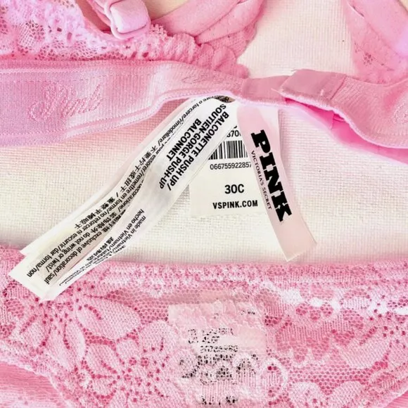 NWT NEW VICTORIA'S SECRET PINK WINK LACE BALCONETTE PUSH UP BRA 30C THONG XS SET