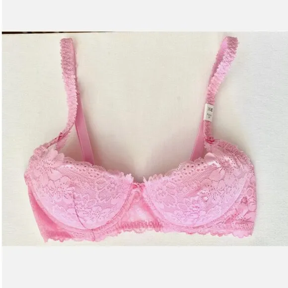 NWT NEW VICTORIA'S SECRET PINK WINK LACE BALCONETTE PUSH UP BRA 30C THONG XS SET
