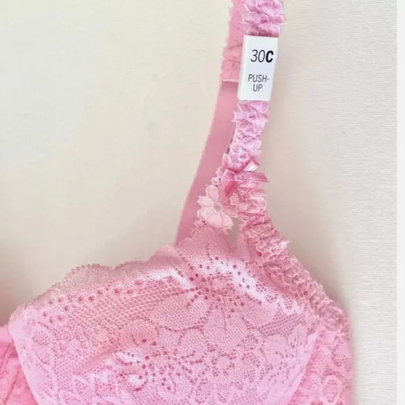 NWT NEW VICTORIA'S SECRET PINK WINK LACE BALCONETTE PUSH UP BRA 30C THONG XS SET