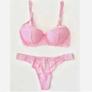 NWT NEW VICTORIA'S SECRET PINK WINK LACE BALCONETTE PUSH UP BRA 30C THONG XS SET