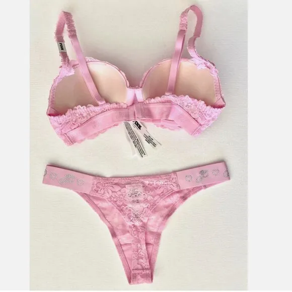 NWT NEW VICTORIA'S SECRET PINK WINK LACE BALCONETTE PUSH UP BRA 30C THONG XS SET