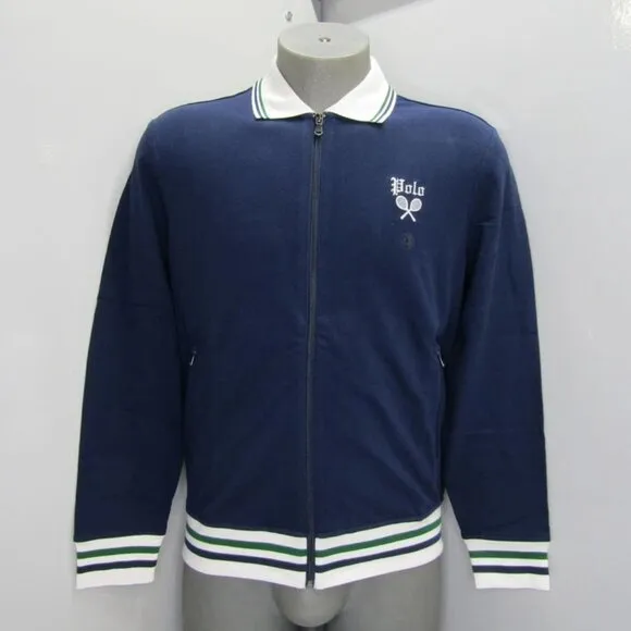 NWT Polo Ralph Lauren Mens Collared Full Zip Jacket Navy Size M Tennis Logo