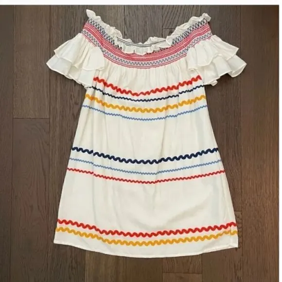 NWT Red Carter &quot;Marilyn&quot; White Off-The-Shoulder Dress Ric Rac Trim XS MSRP $280