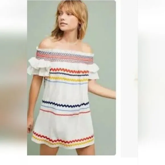 NWT Red Carter &quot;Marilyn&quot; White Off-The-Shoulder Dress Ric Rac Trim XS MSRP $280