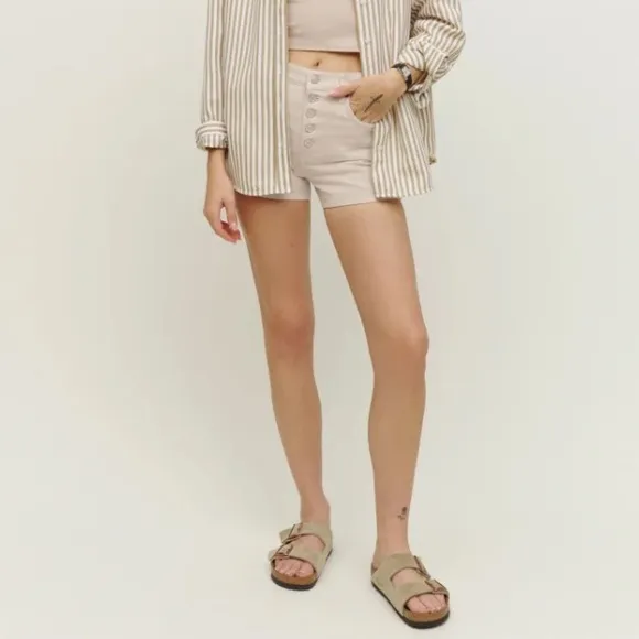 NWT Reformation Charlie Exposed Button Fly Jean Shorts Almond Cream 28