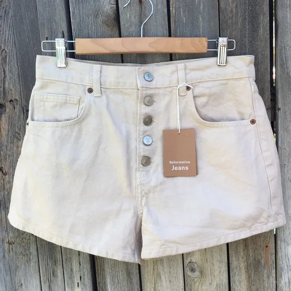 NWT Reformation Charlie Exposed Button Fly Jean Shorts Almond Cream 28