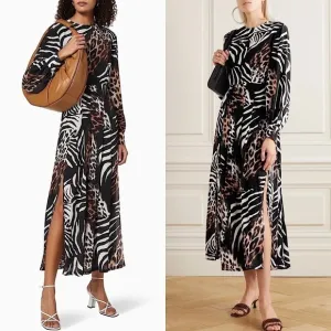 NWT RIXO 70s Silk Zebra Leopard Print Long Balloon Sleeve Pleated Midi Dress XS