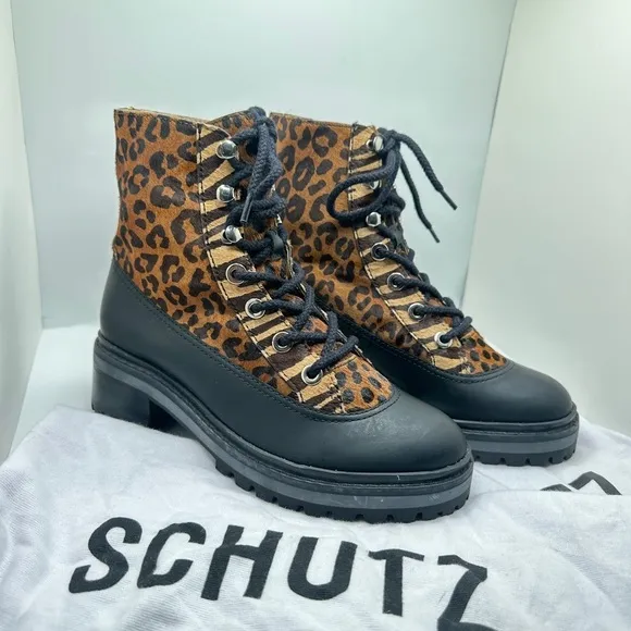 NWT SCHUTZ Mafalda Calf Hair Animal Print Lace Up Boots Women’s Sz 5.5 B