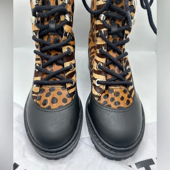 NWT SCHUTZ Mafalda Calf Hair Animal Print Lace Up Boots Women’s Sz 5.5 B