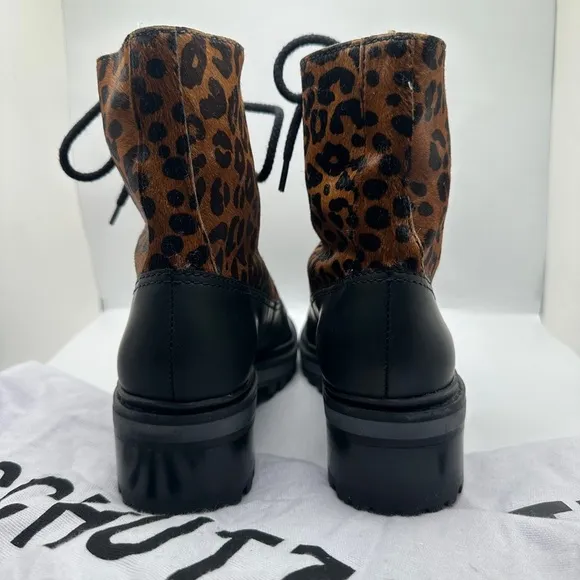 NWT SCHUTZ Mafalda Calf Hair Animal Print Lace Up Boots Women’s Sz 5.5 B